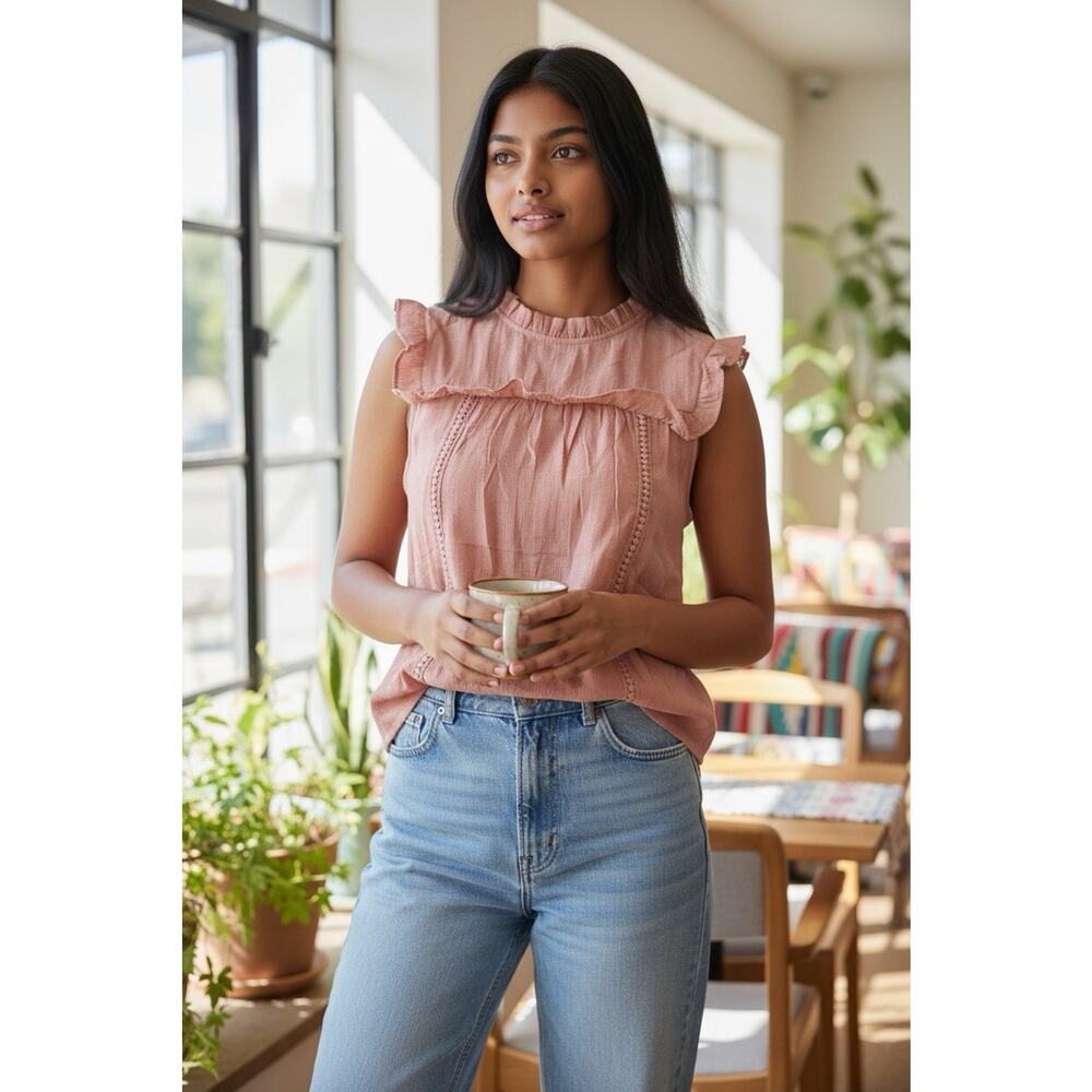 Sweet Wanderer Women’s Dusty Pink Ruffle Neck Blouse Size L Boho Romantic Top